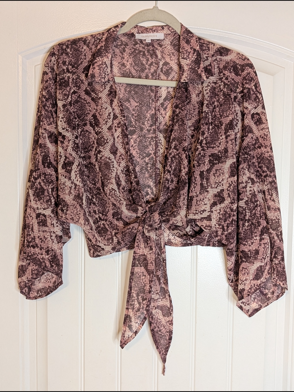 Olivaceous Pink and Purple Sheer Snake Print Tie Front Top